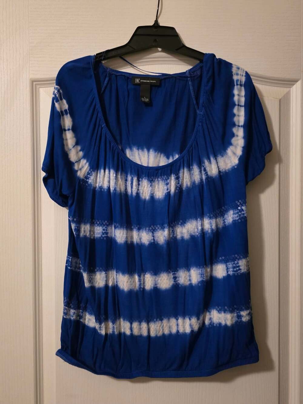 INC International Concepts Blue and White Tie-Dye Short Sleeve Top Large